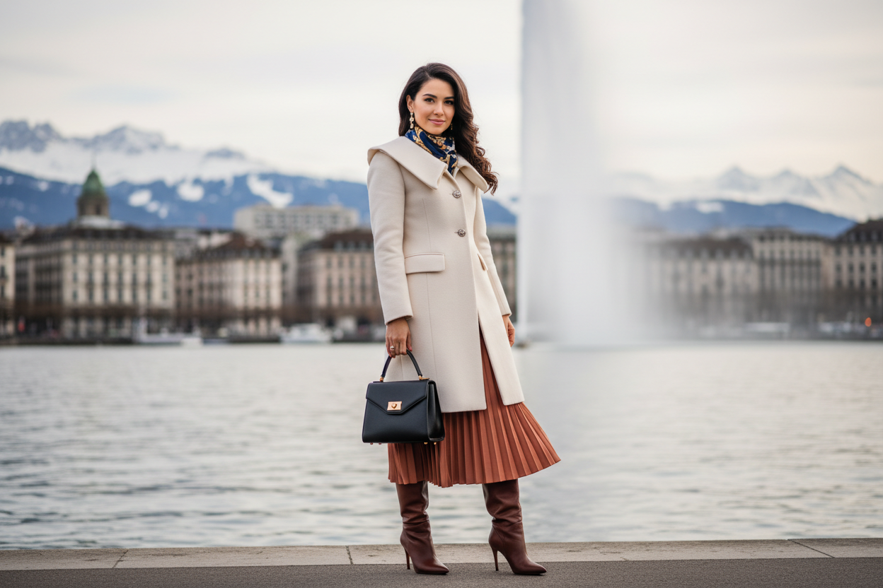 fait moi une belle femme a geneve tres bien habiller et au centre de l'image afin de voir comment elle est habiller