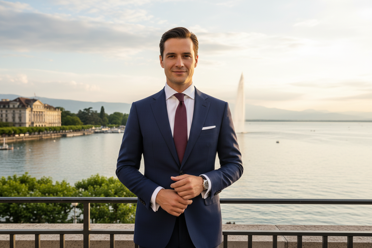 genere une image d'homme en suisse a geneve il faut que l'on comme il est habille il doit être beau classe elegant 