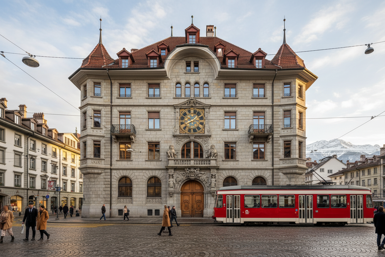 trouve un bâtiment en suisse historique elegant et en ville 